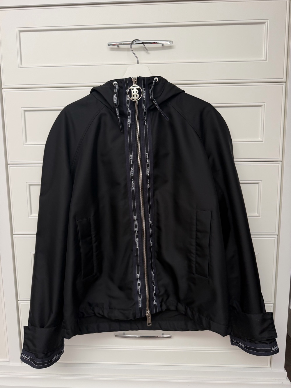 Burberry Black Hooded Zip-Up Windbreaker with Logo Trim men’s jacket size 48